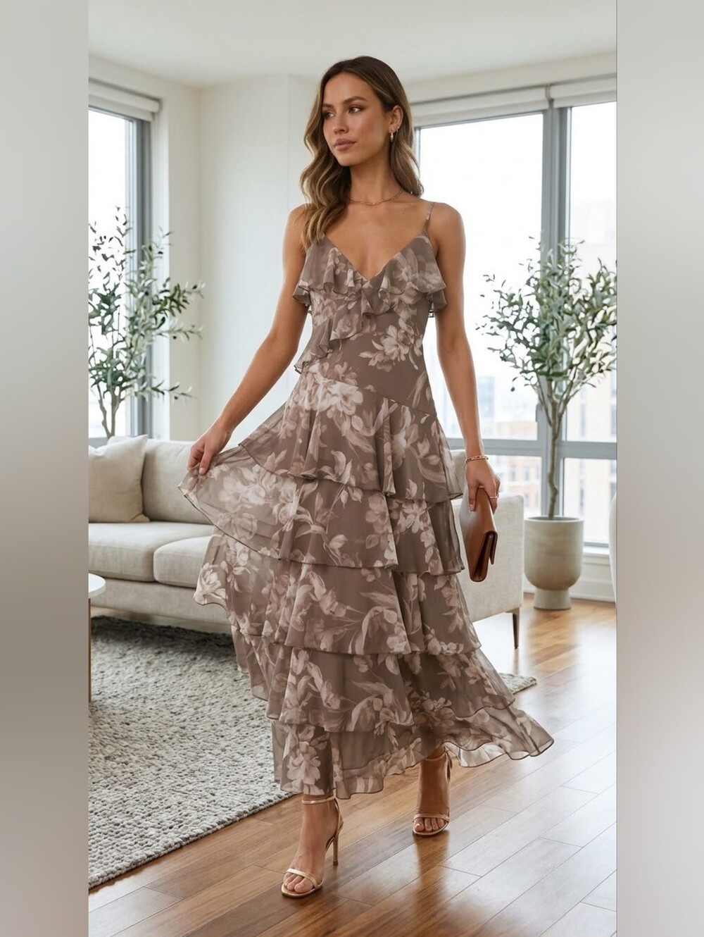 Taylor Tiered Floral Ruffle Maxi Dress in Taupe Formal Fall Wedding Party Brown